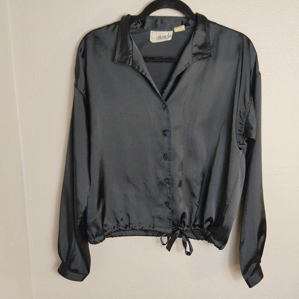Vintage 90s Black Satin Collared Buttoned Long Sleeve Blouse Top Women's 11/12